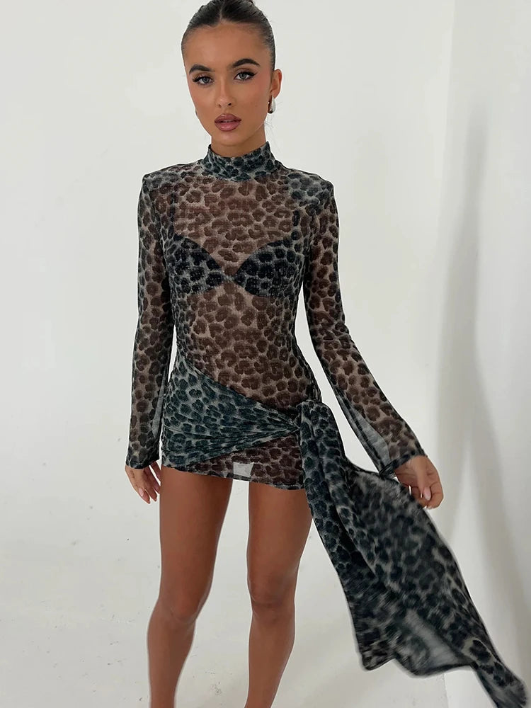 Turtleneck Sheer Leopard Print Long Sleeve Dress