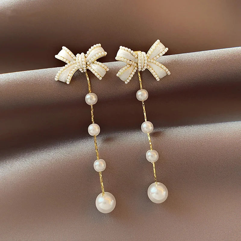 Delicate Flower Bow Pearl Earrings