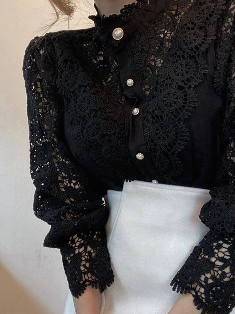 Women Chiffon Button Up Turtleneck Shirt