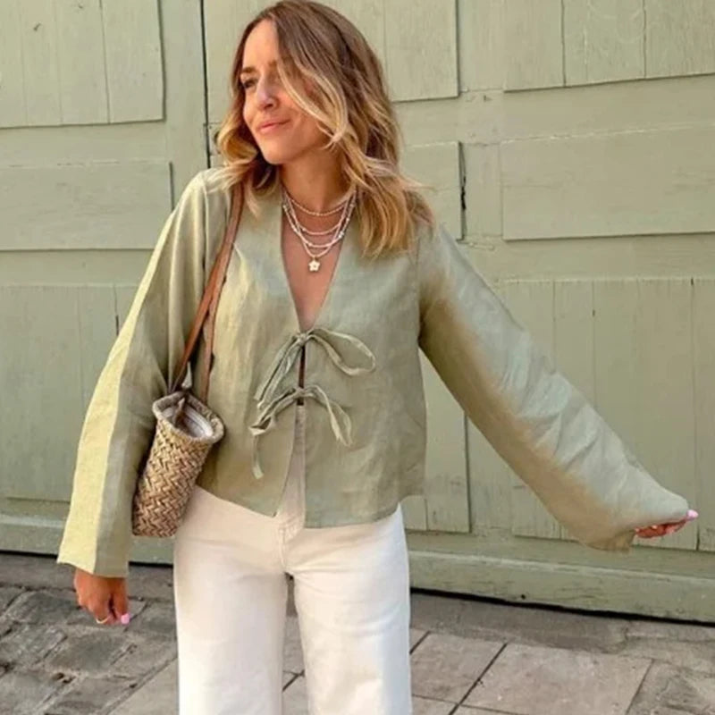 Green Linen Lace Up Long Sleeve