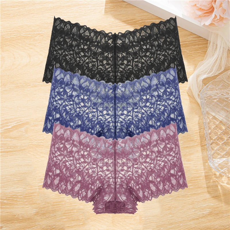3Pcs Lace Floral Boy short Panties