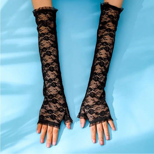 Long Lace Hollow-Out Fingerless Gloves