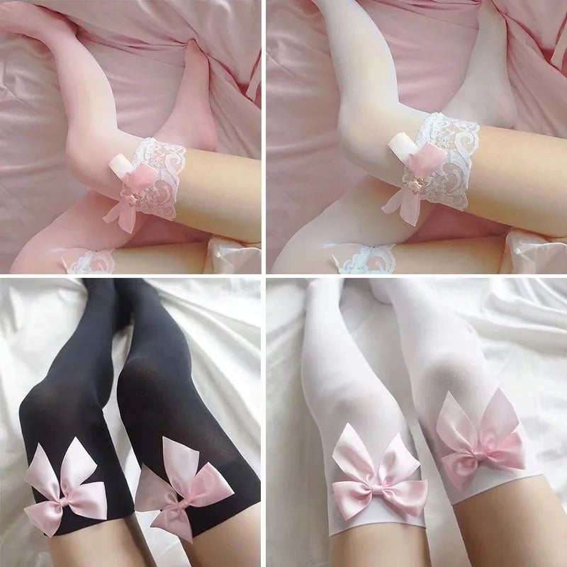 Lovely Thigh High Big Pink Bow Tie Stockings
