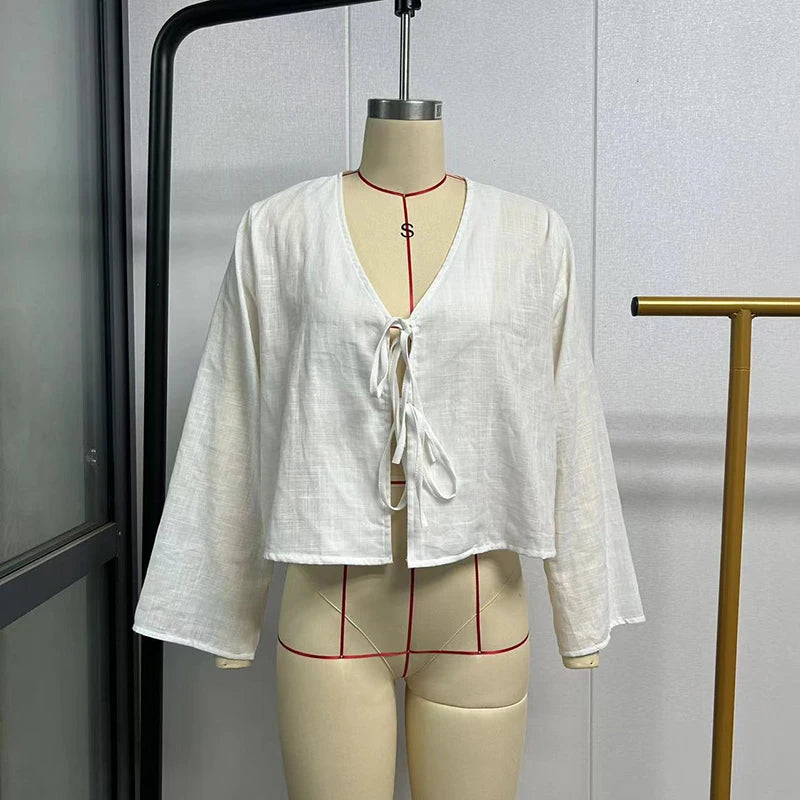 Green Linen Lace Up Long Sleeve