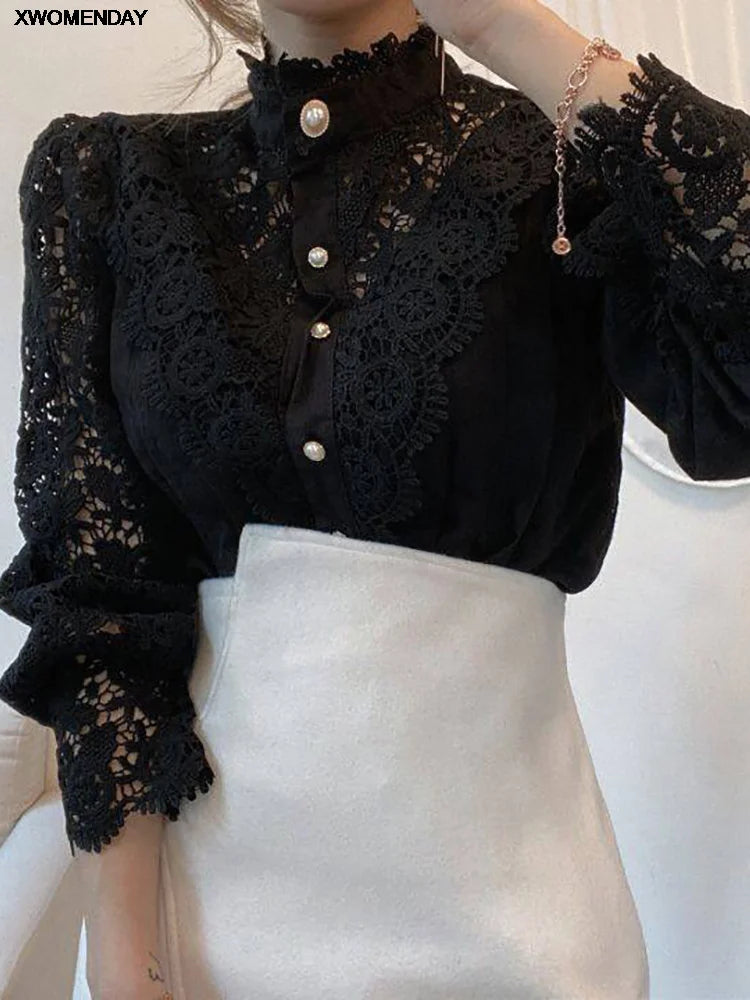Women Chiffon Button Up Turtleneck Shirt