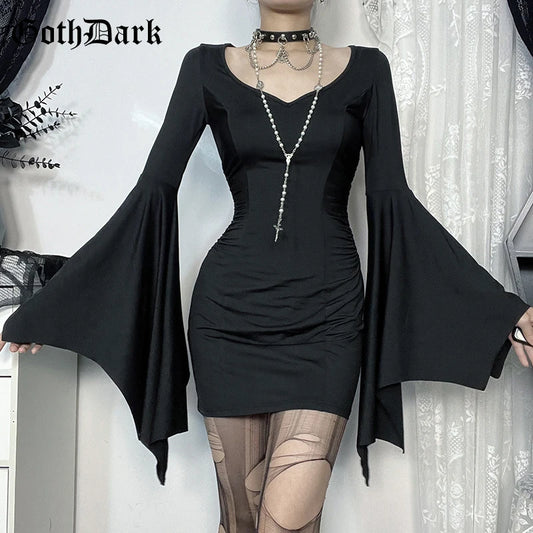 Elegant Goth Slim Pleat Bodycon Dress