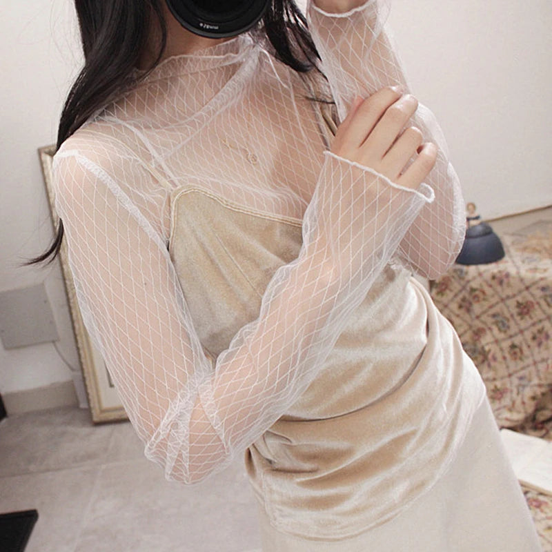 Mesh See Through Long Sleeve Turtleneck