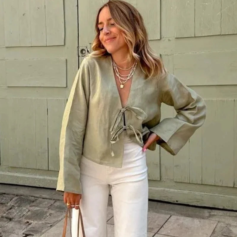 Green Linen Lace Up Long Sleeve