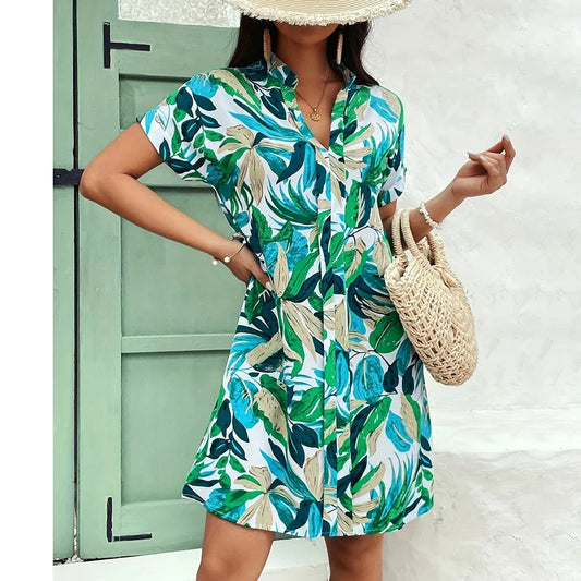 Loose Fit Summer Plant Print Dress