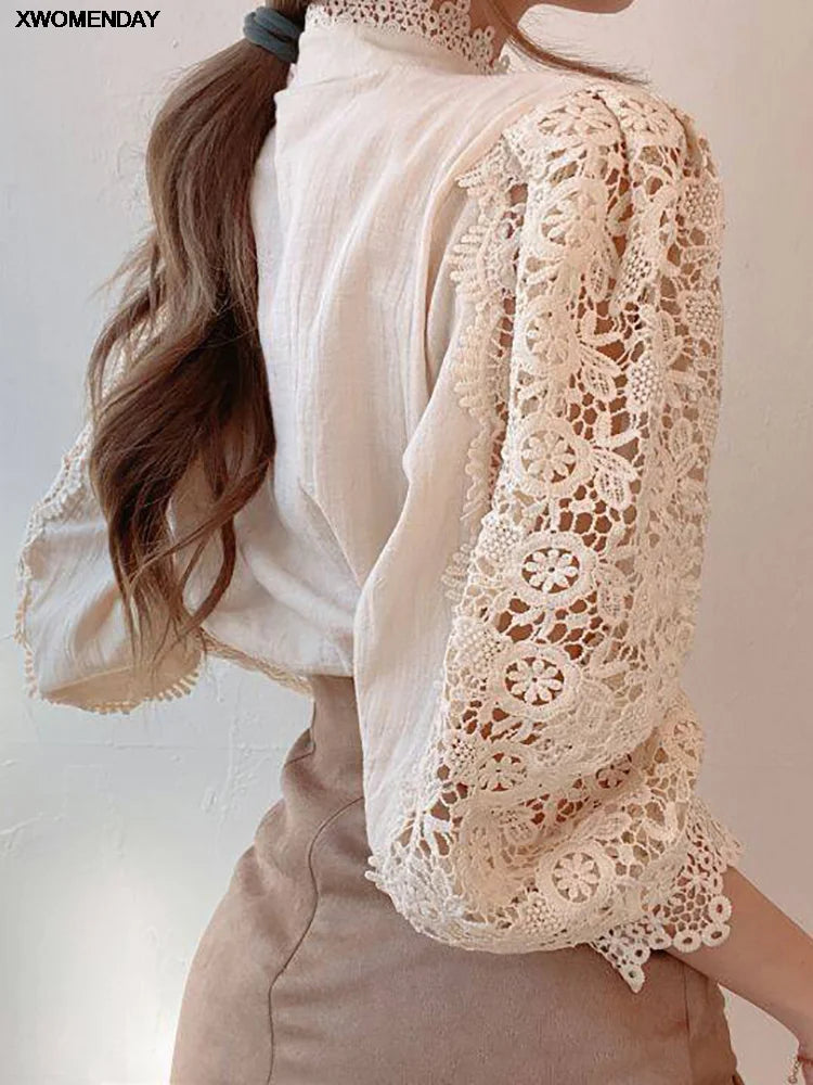Women Chiffon Button Up Turtleneck Shirt