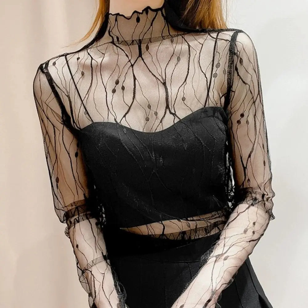 Mesh See Through Long Sleeve Turtleneck