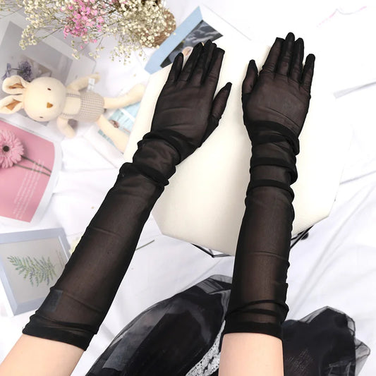 Black  Lace Thin Transparent Long Elbow Gloves